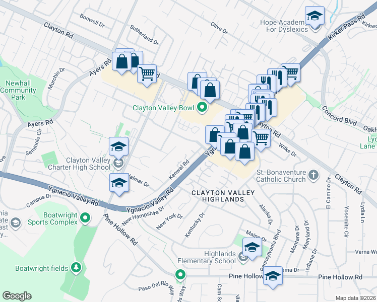 map of restaurants, bars, coffee shops, grocery stores, and more near 5360 Park Highlands Boulevard in Concord