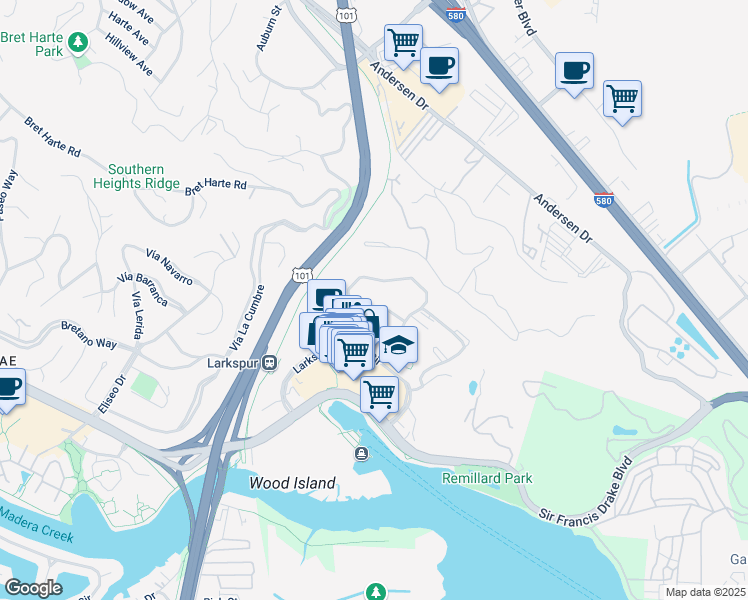 map of restaurants, bars, coffee shops, grocery stores, and more near 464 Old Quarry Road South in Larkspur