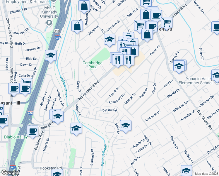 map of restaurants, bars, coffee shops, grocery stores, and more near 100 The Trees Drive in Concord