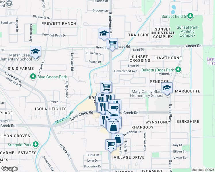 map of restaurants, bars, coffee shops, grocery stores, and more near 120 Baird Circle in Brentwood