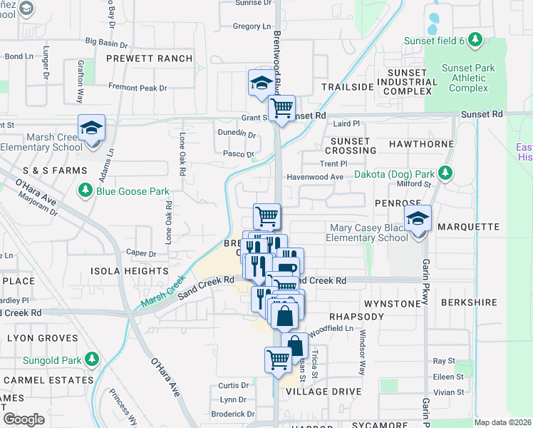 map of restaurants, bars, coffee shops, grocery stores, and more near 120 Baird Circle in Brentwood