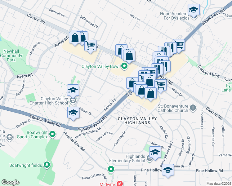 map of restaurants, bars, coffee shops, grocery stores, and more near 5360 Park Highlands Boulevard in Concord