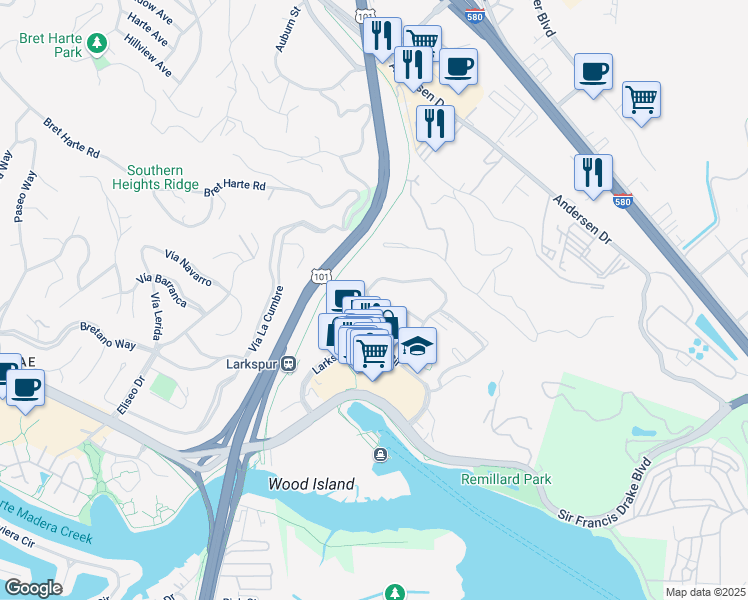 map of restaurants, bars, coffee shops, grocery stores, and more near 344 Old Quarry Road North in Larkspur