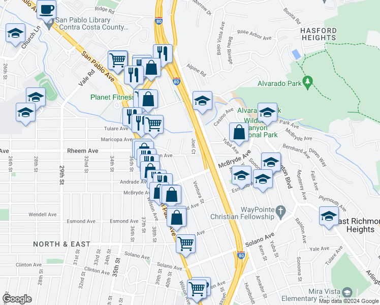 map of restaurants, bars, coffee shops, grocery stores, and more near 1103 Joel Ct in Richmond