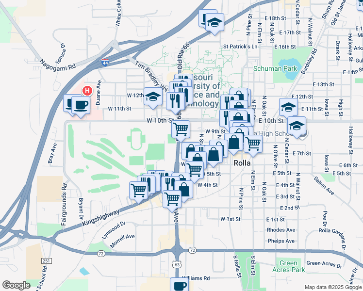 map of restaurants, bars, coffee shops, grocery stores, and more near 708 North Bishop Avenue in Rolla