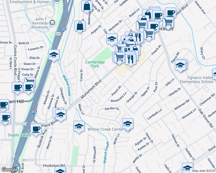 map of restaurants, bars, coffee shops, grocery stores, and more near 134 The Trees Drive in Concord