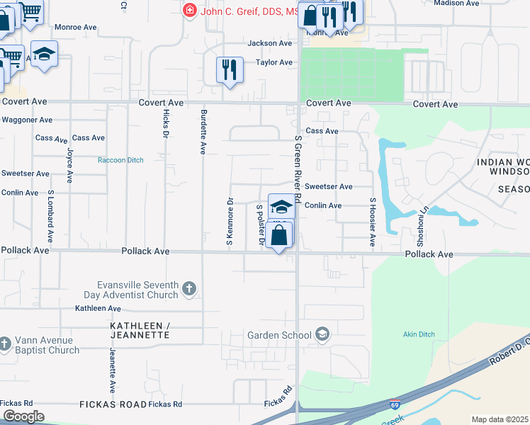 map of restaurants, bars, coffee shops, grocery stores, and more near 1906 Polster Dr in Evansville