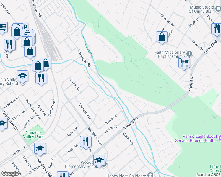 map of restaurants, bars, coffee shops, grocery stores, and more near 876 San Miguel Road in Concord
