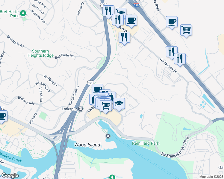 map of restaurants, bars, coffee shops, grocery stores, and more near 464 Old Quarry Road South in Larkspur