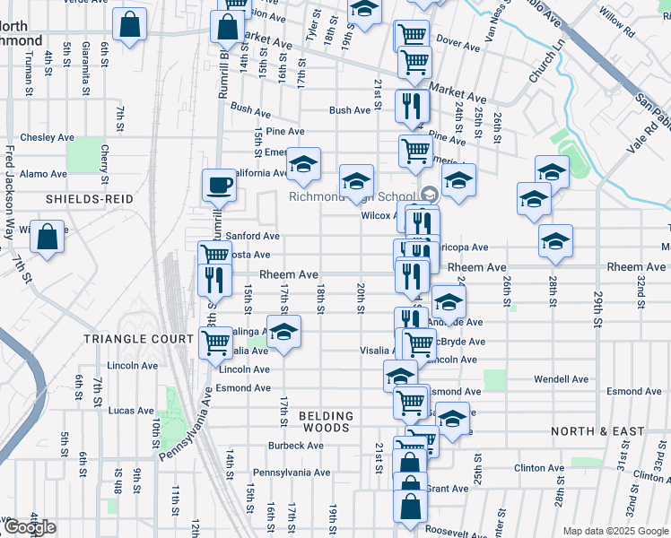 map of restaurants, bars, coffee shops, grocery stores, and more near 1827 Rheem Avenue in Richmond