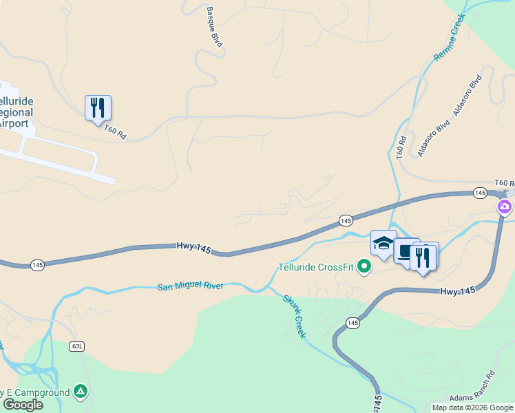 map of restaurants, bars, coffee shops, grocery stores, and more near 125 Nimbus Drive in Telluride