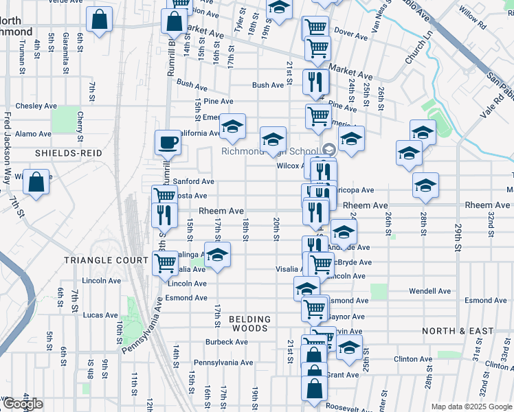 map of restaurants, bars, coffee shops, grocery stores, and more near 1827 Rheem Avenue in Richmond