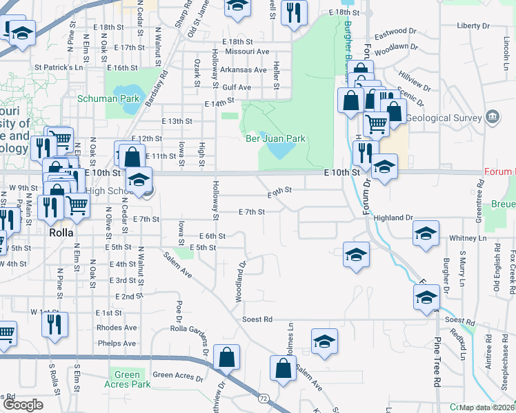 map of restaurants, bars, coffee shops, grocery stores, and more near 925 East 7th Street in Rolla