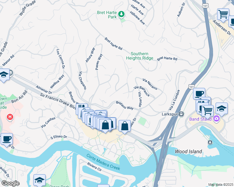 map of restaurants, bars, coffee shops, grocery stores, and more near 109 Corte Ramon in Larkspur