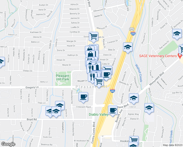map of restaurants, bars, coffee shops, grocery stores, and more near 1945 Contra Costa Boulevard in Pleasant Hill