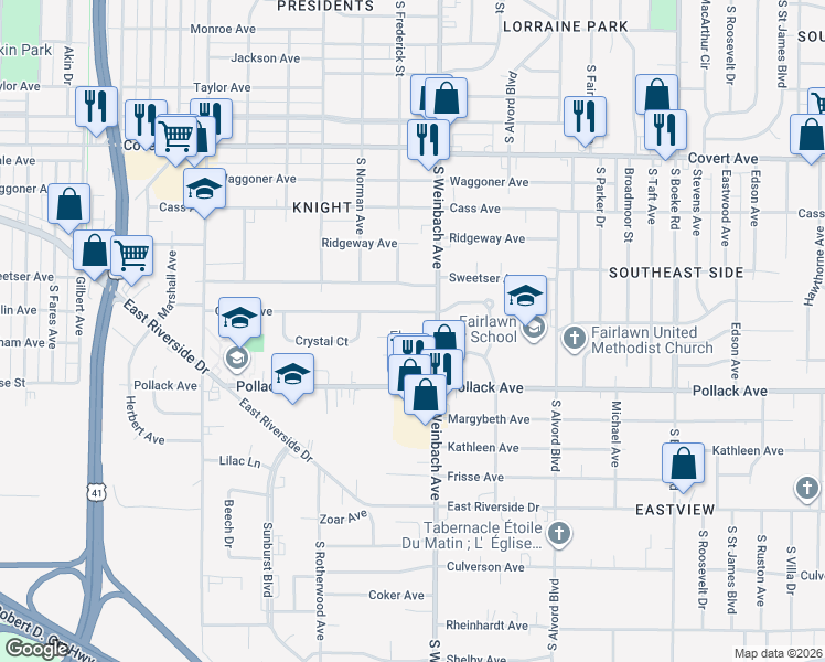 map of restaurants, bars, coffee shops, grocery stores, and more near 1908 Plantation Court in Evansville