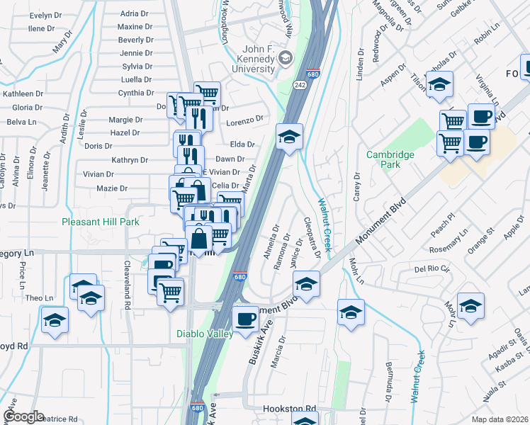 map of restaurants, bars, coffee shops, grocery stores, and more near 2084 Sherman Drive in Pleasant Hill