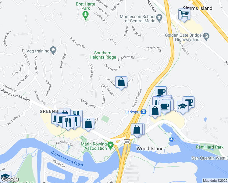 map of restaurants, bars, coffee shops, grocery stores, and more near 42 Vía Barranca in Larkspur