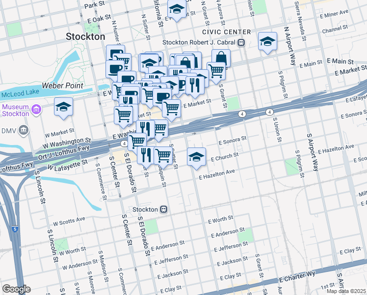 map of restaurants, bars, coffee shops, grocery stores, and more near 341 California Street in Stockton