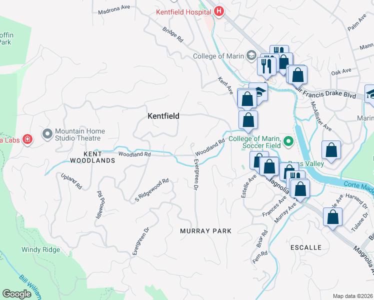 map of restaurants, bars, coffee shops, grocery stores, and more near 8 Laurel Way in Kentfield