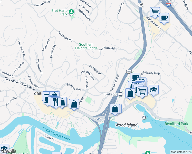 map of restaurants, bars, coffee shops, grocery stores, and more near 42 Vía Barranca in Larkspur