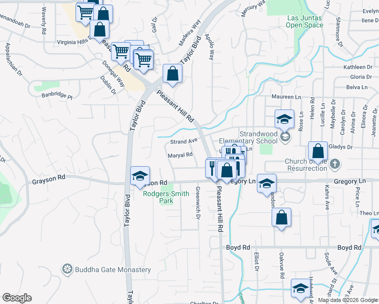 map of restaurants, bars, coffee shops, grocery stores, and more near 309 Sunset Road in Pleasant Hill