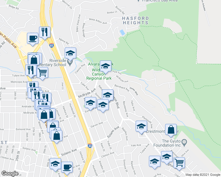 map of restaurants, bars, coffee shops, grocery stores, and more near Arlington Blvd & Bernhard Ave in Richmond