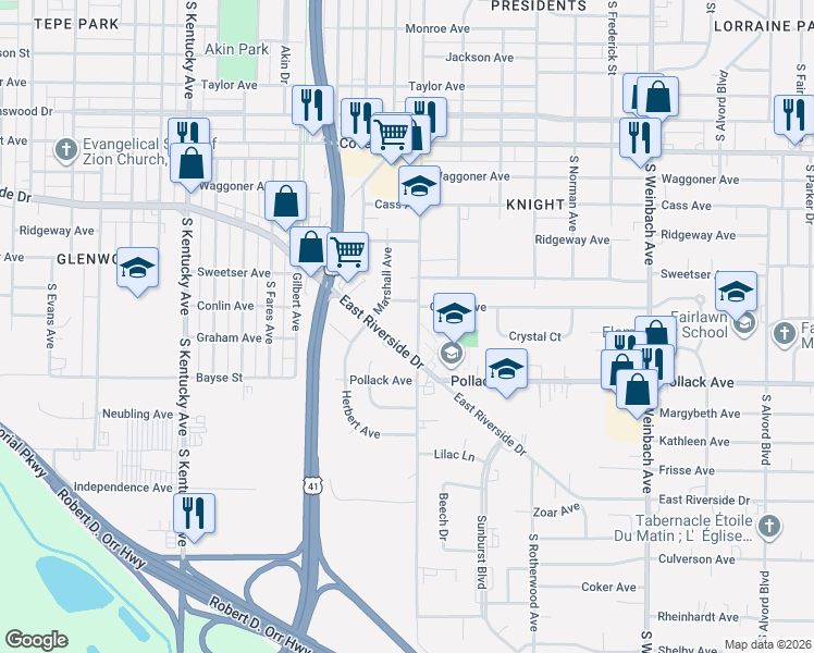 map of restaurants, bars, coffee shops, grocery stores, and more near 1308 E Riverside Dr in Evansville