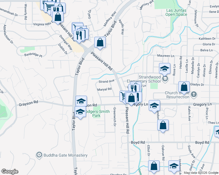 map of restaurants, bars, coffee shops, grocery stores, and more near 309 Sunset Road in Pleasant Hill