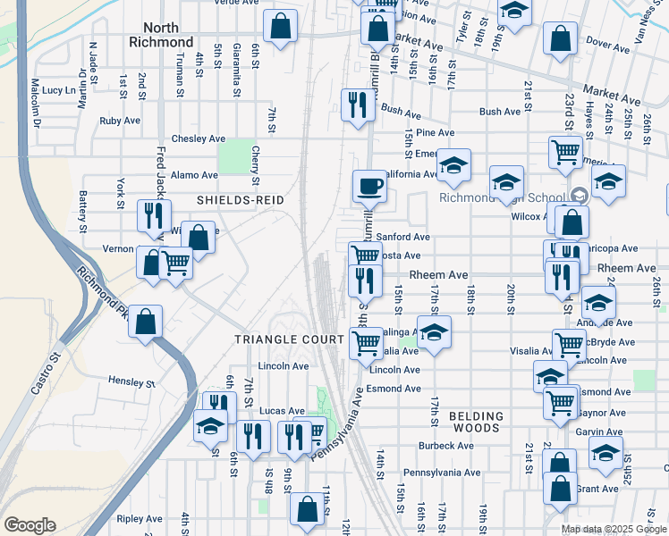 map of restaurants, bars, coffee shops, grocery stores, and more near 1101 13th Street in Richmond