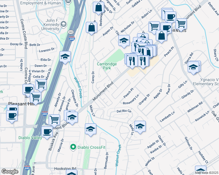 map of restaurants, bars, coffee shops, grocery stores, and more near 1290 Monument Boulevard in Concord