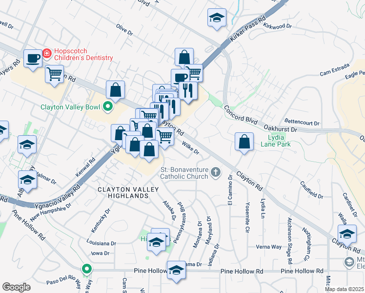map of restaurants, bars, coffee shops, grocery stores, and more near 5490 Wilke Drive in Concord