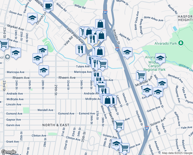 map of restaurants, bars, coffee shops, grocery stores, and more near San Pablo Ave & Rheem Ave in Richmond