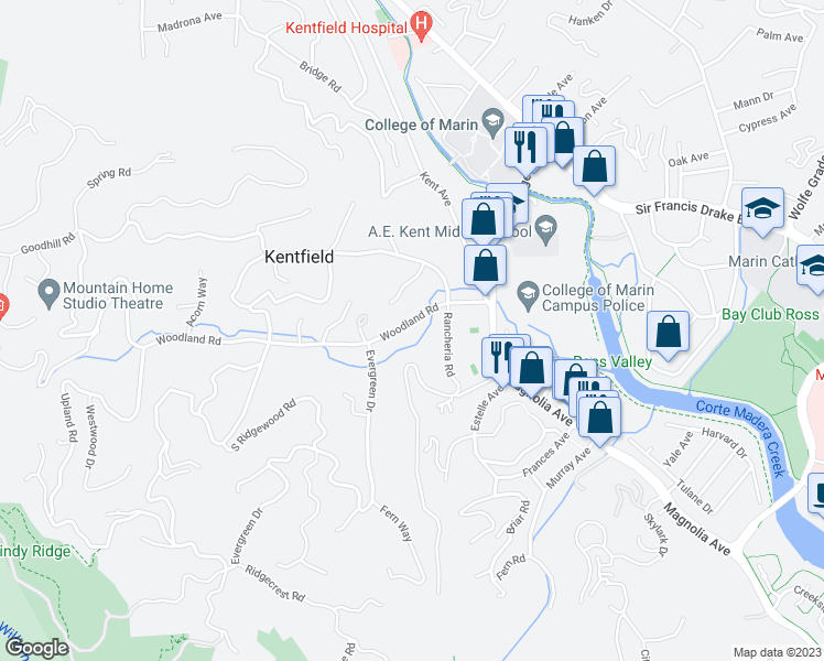 map of restaurants, bars, coffee shops, grocery stores, and more near 115 Woodland Road in Kentfield