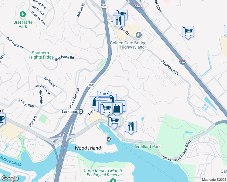 map of restaurants, bars, coffee shops, grocery stores, and more near 464 Old Quarry Road South in Larkspur