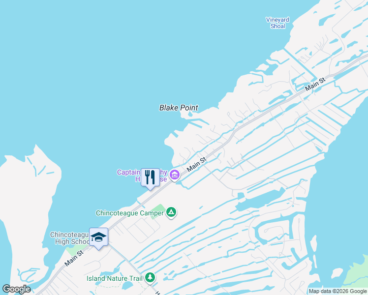 map of restaurants, bars, coffee shops, grocery stores, and more near 5175 Winder Lane in Chincoteague