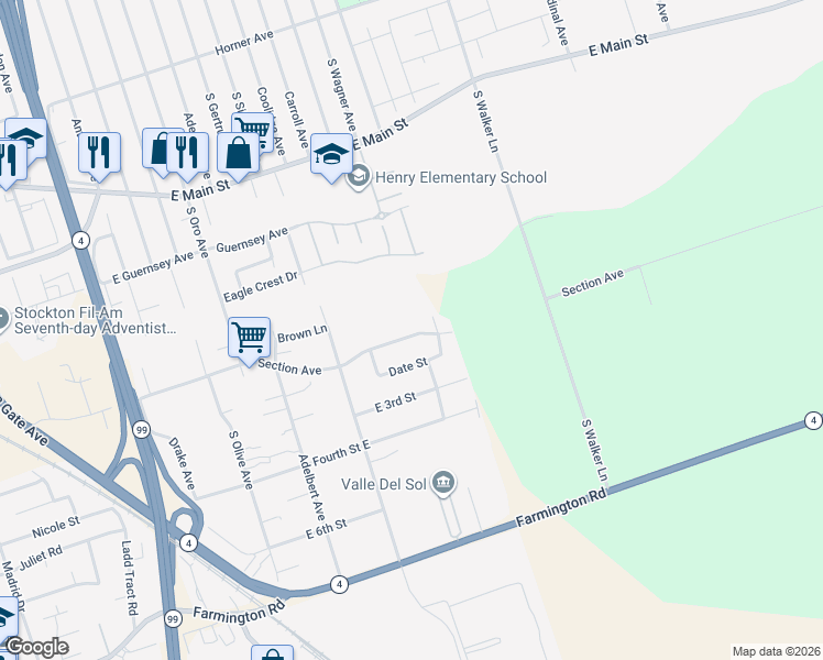 map of restaurants, bars, coffee shops, grocery stores, and more near 4749 Section Avenue in Stockton