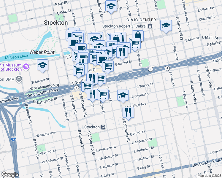 map of restaurants, bars, coffee shops, grocery stores, and more near 341 California Street in Stockton