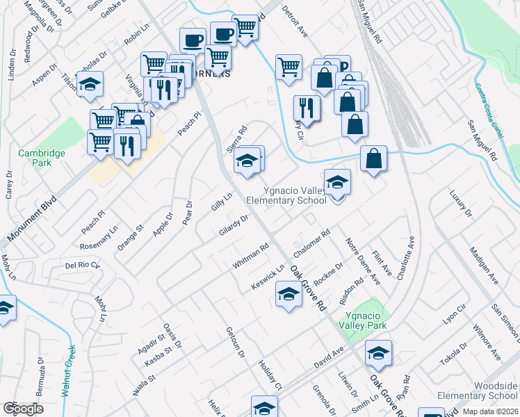 map of restaurants, bars, coffee shops, grocery stores, and more near 1021 Oak Grove Road in Concord