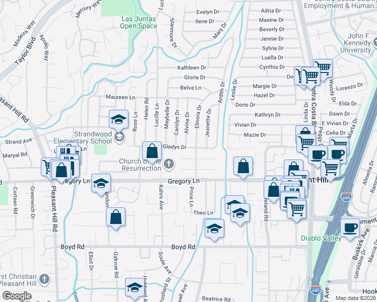 map of restaurants, bars, coffee shops, grocery stores, and more near 327 Gladys Drive in Pleasant Hill