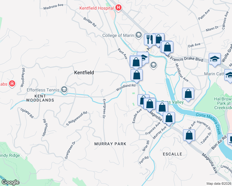 map of restaurants, bars, coffee shops, grocery stores, and more near 115 Woodland Road in Kentfield