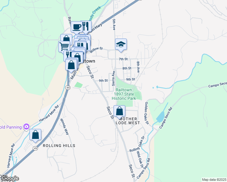 map of restaurants, bars, coffee shops, grocery stores, and more near 10672 10th Street in Jamestown