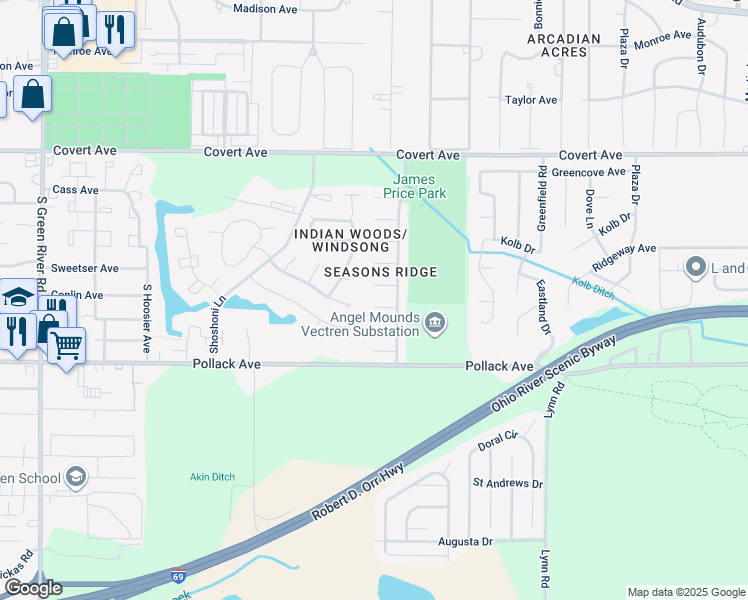 map of restaurants, bars, coffee shops, grocery stores, and more near 6020 Snowflake Cove in Evansville