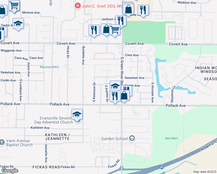 map of restaurants, bars, coffee shops, grocery stores, and more near 1906 South Polster Drive in Evansville
