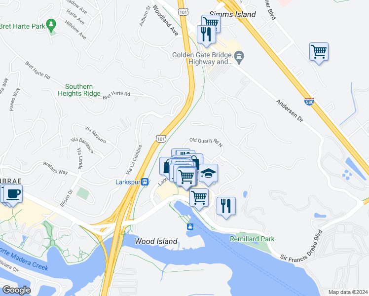 map of restaurants, bars, coffee shops, grocery stores, and more near 344 Old Quarry Road North in Larkspur