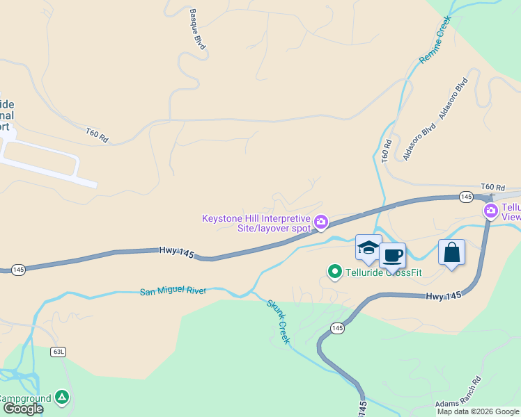 map of restaurants, bars, coffee shops, grocery stores, and more near 11 Nimbus Drive in Telluride
