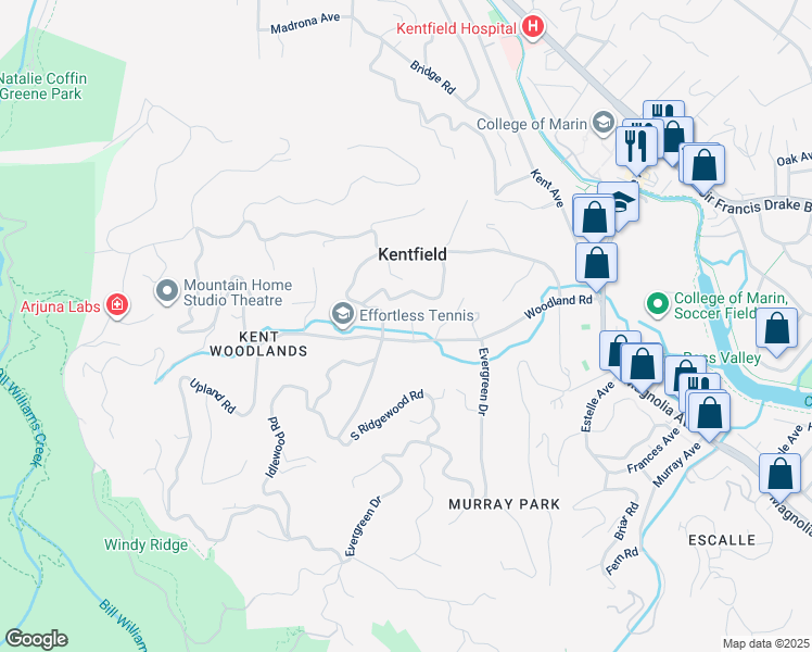 map of restaurants, bars, coffee shops, grocery stores, and more near 224 Woodland Road in Kentfield