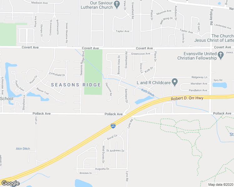 map of restaurants, bars, coffee shops, grocery stores, and more near 1933 Bonnie View Court in Evansville