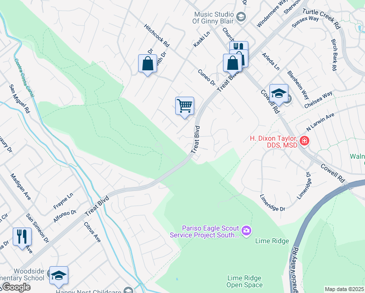 map of restaurants, bars, coffee shops, grocery stores, and more near 4250 Marietta Court in Concord