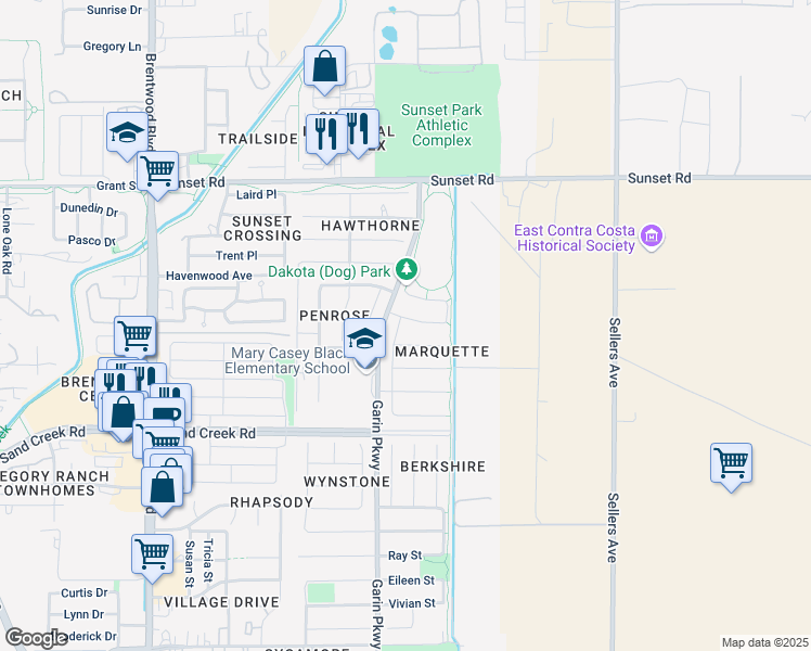 map of restaurants, bars, coffee shops, grocery stores, and more near 353 Bridgewater Drive in Brentwood